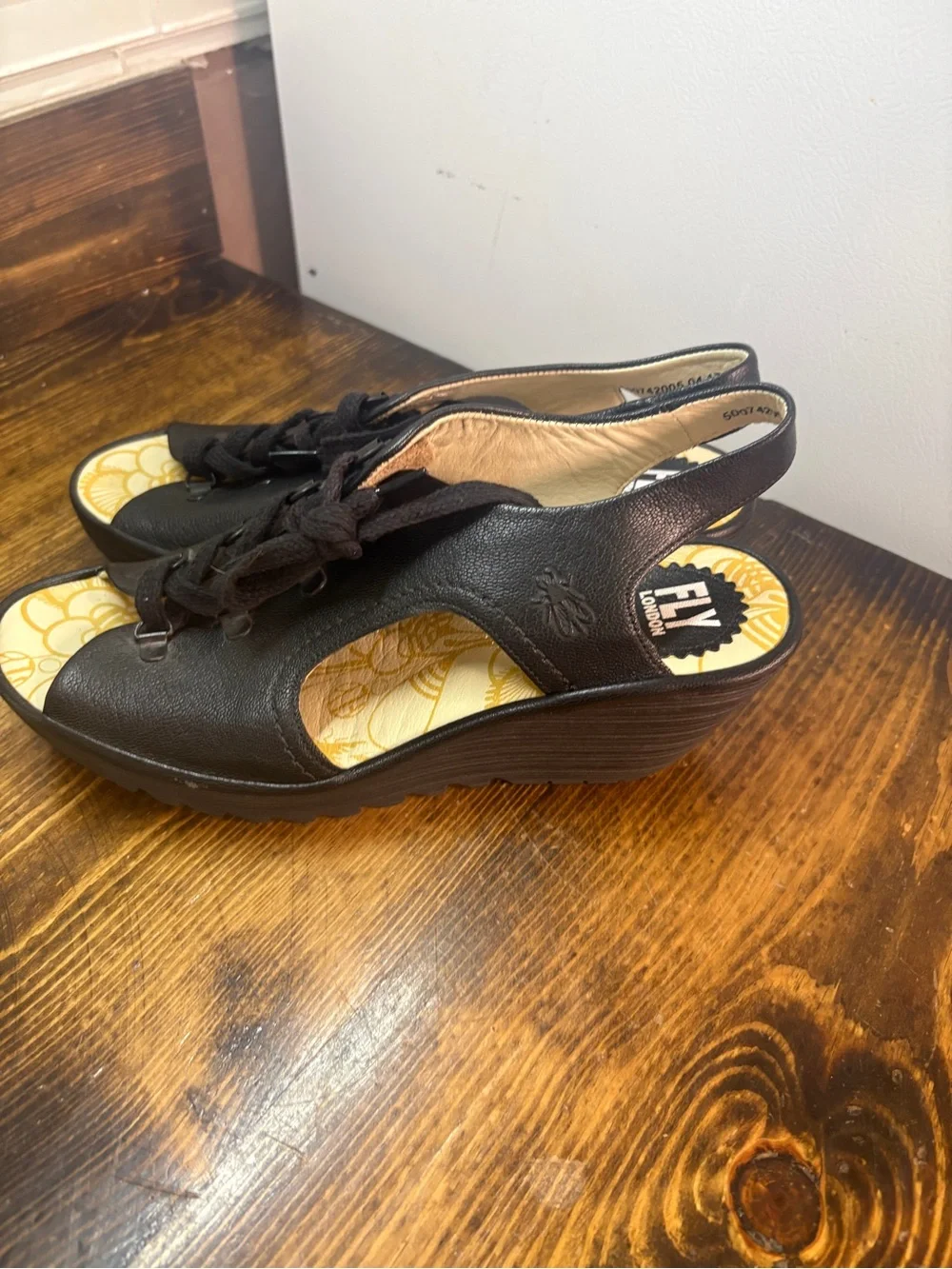 Fly London black Lace Up Open Toe Wedges Size 41 ( Size 10)